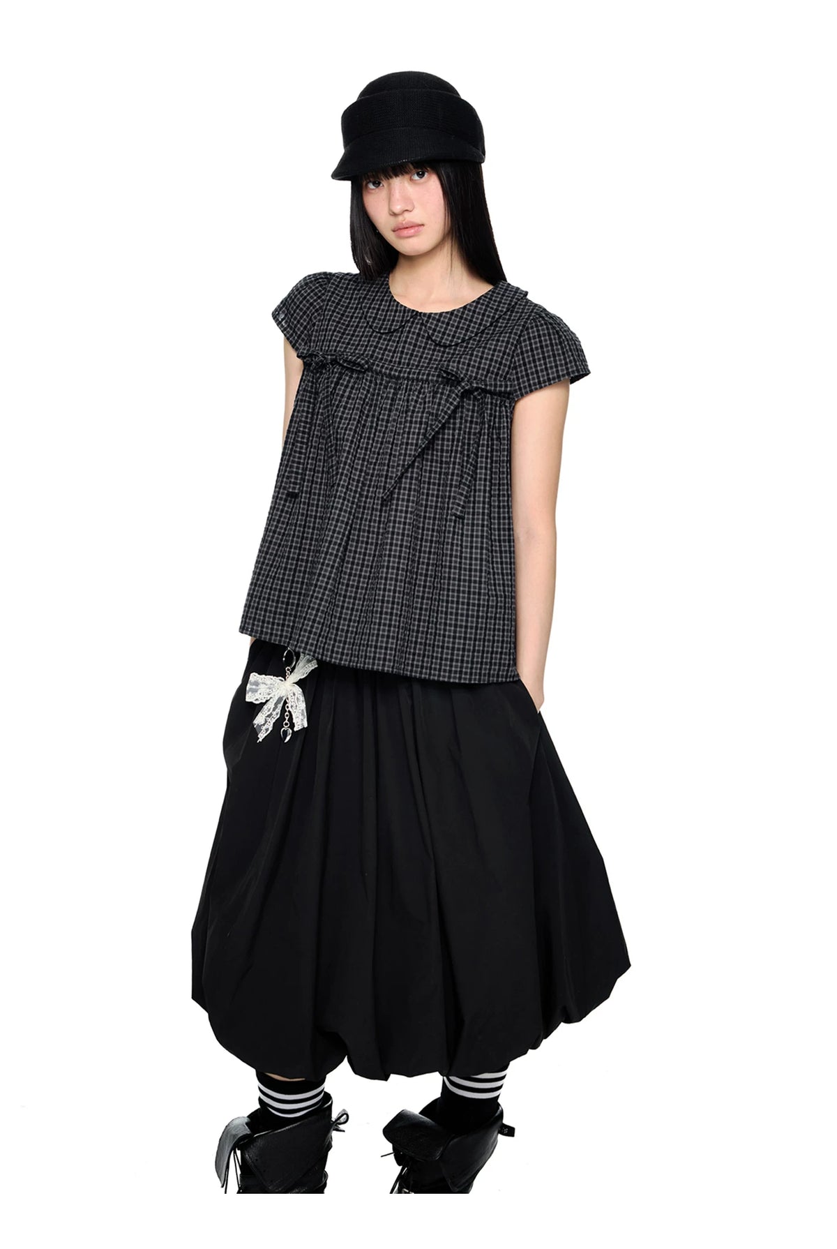 EZEK | Peter Pan Collar Gingham Shirt with Bubble Sleeves