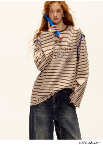 ASGONY - Striped Contrast Embroidered Shell Stitch T-Shirt