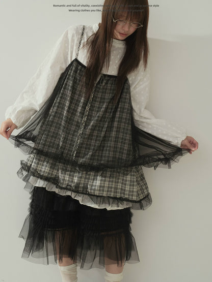 "Layered Breeze" Black & White Plaid Mesh Layering Cami Top