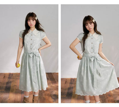 “Sage Meadow Reverie” Sage Green Embroidered Shirt Dress