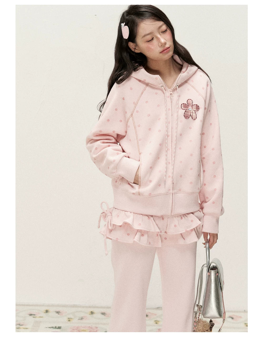 [RF] Polka Dot Hoodie and Pants Set with Zip Closure in Soft Pink