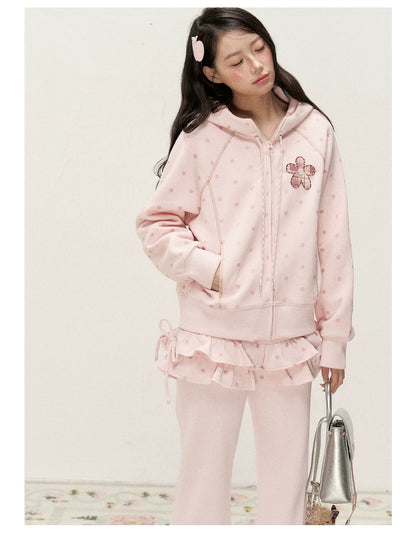 [RF] Polka Dot Hoodie and Pants Set with Zip Closure in Soft Pink