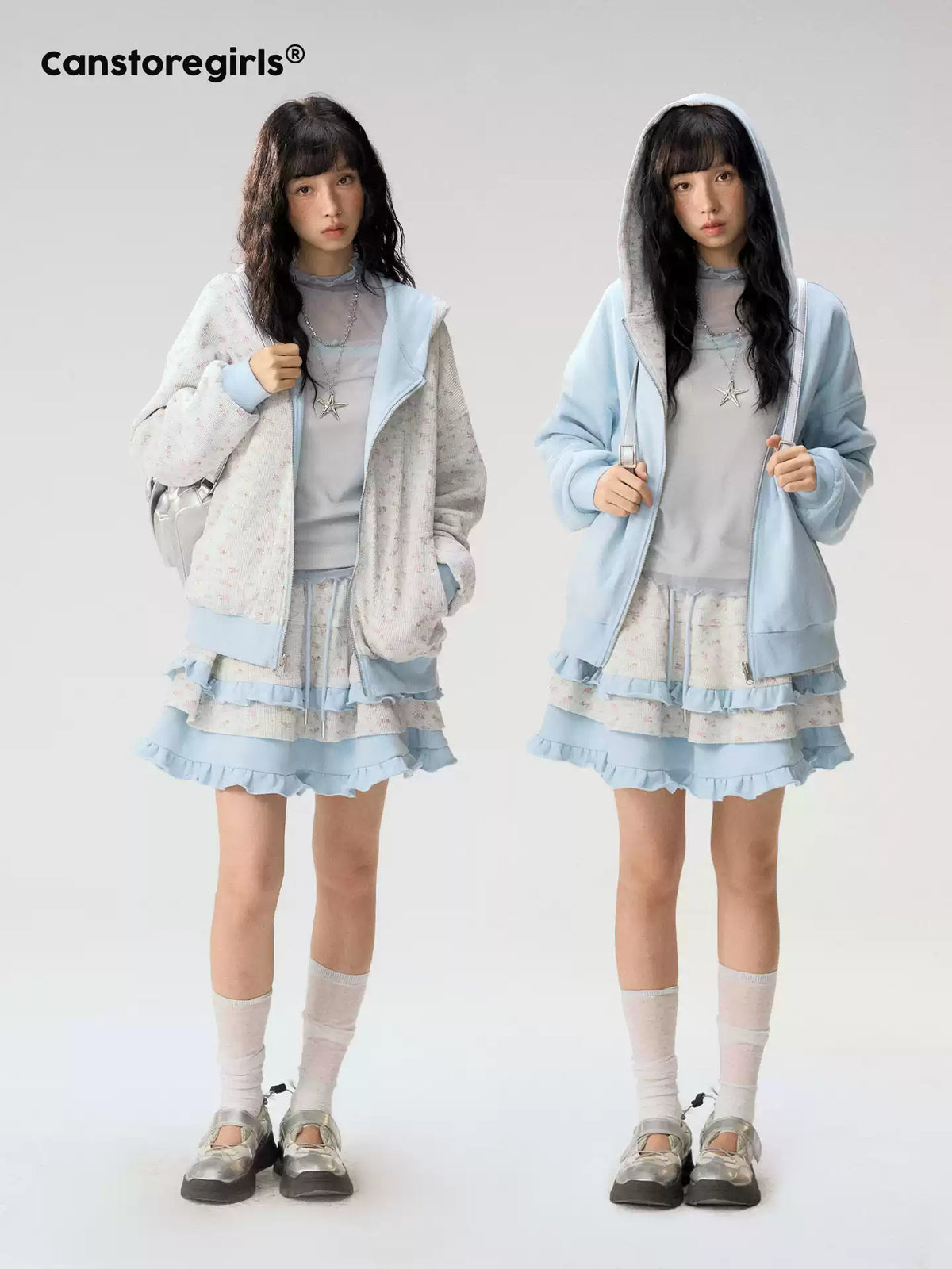 [CAN] "Misty Blue Floral Reverie" Light Blue Floral Set (Reversible Jacket / Sweatpants / Tiered Skirt)