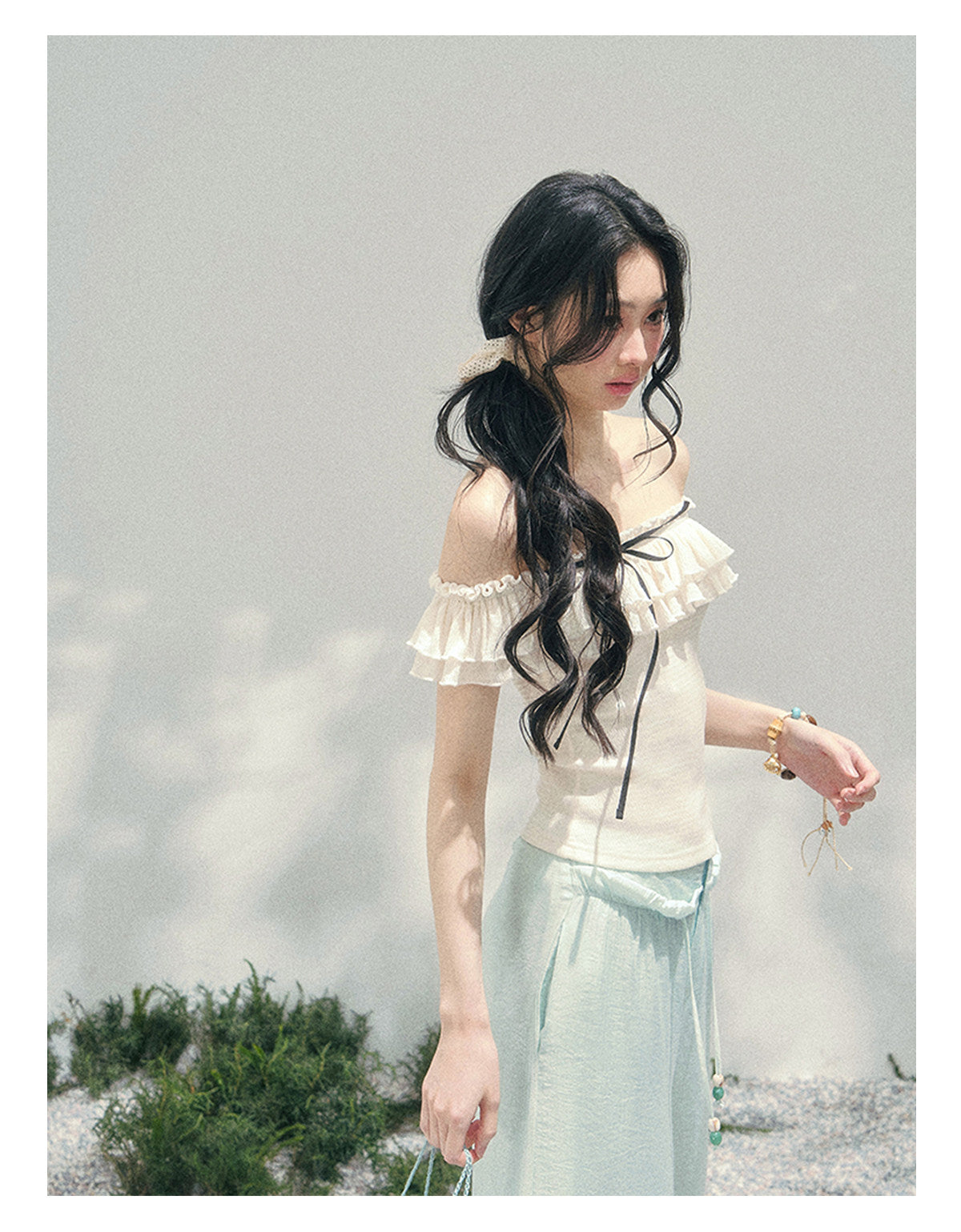 “White Pearlight” Ivory Off-Shoulder Ruffle Tee