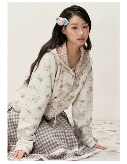 [RF] Vintage Floral Waffle Knit Hoodie Cardigan with Gingham Lining