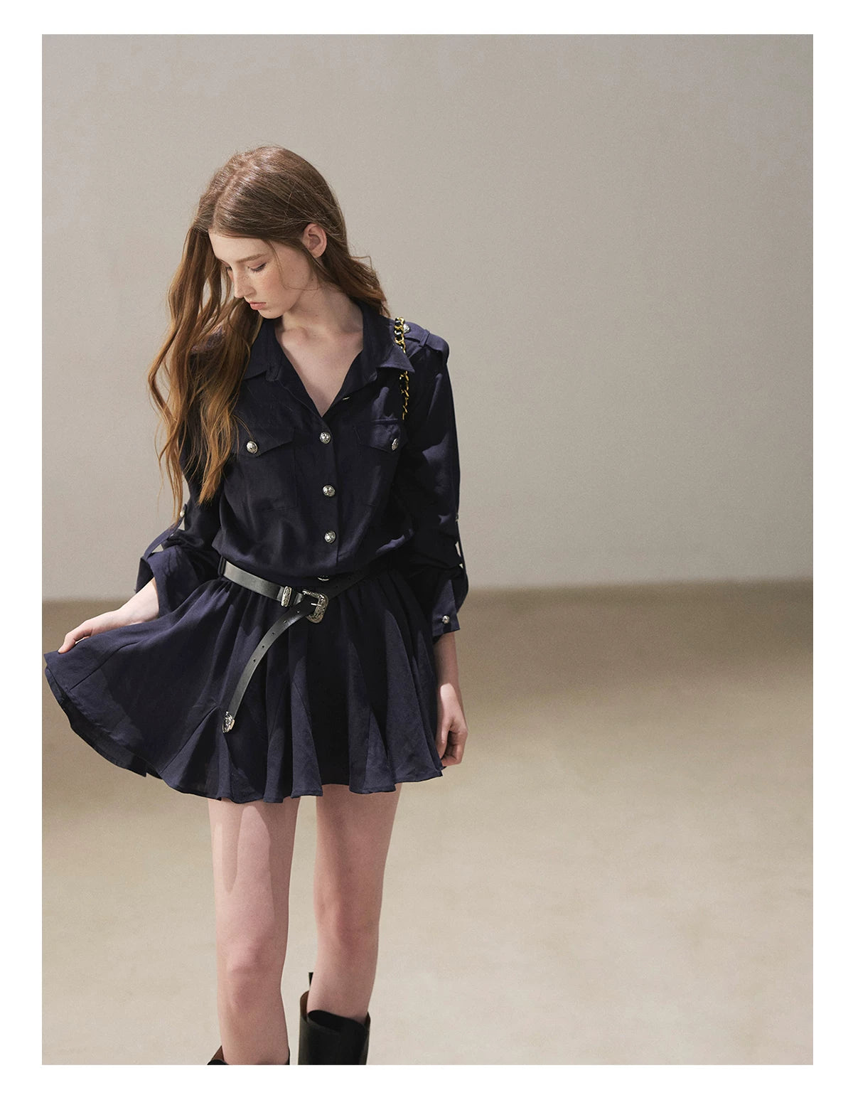 AOMALM - "Moonlight Sinks into the Sea" High-Intellect Utility Shirt Dress (Plain White / Navy Blue, with Belt & Optional Shawl)