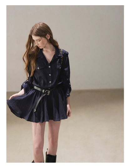 AOMALM - "Moonlight Sinks into the Sea" High-Intellect Utility Shirt Dress (Plain White / Navy Blue, with Belt & Optional Shawl)