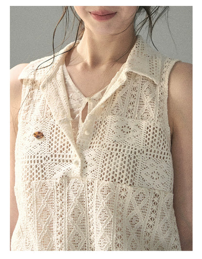 “Summer Breeze Kissing the Hem” Ivory Lace Layered Sleeveless Top