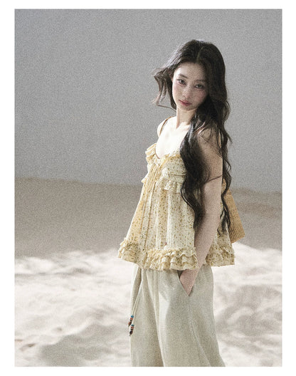 "Her Little Daisy" Milkshake Yellow Floral Ruffle Cami Top