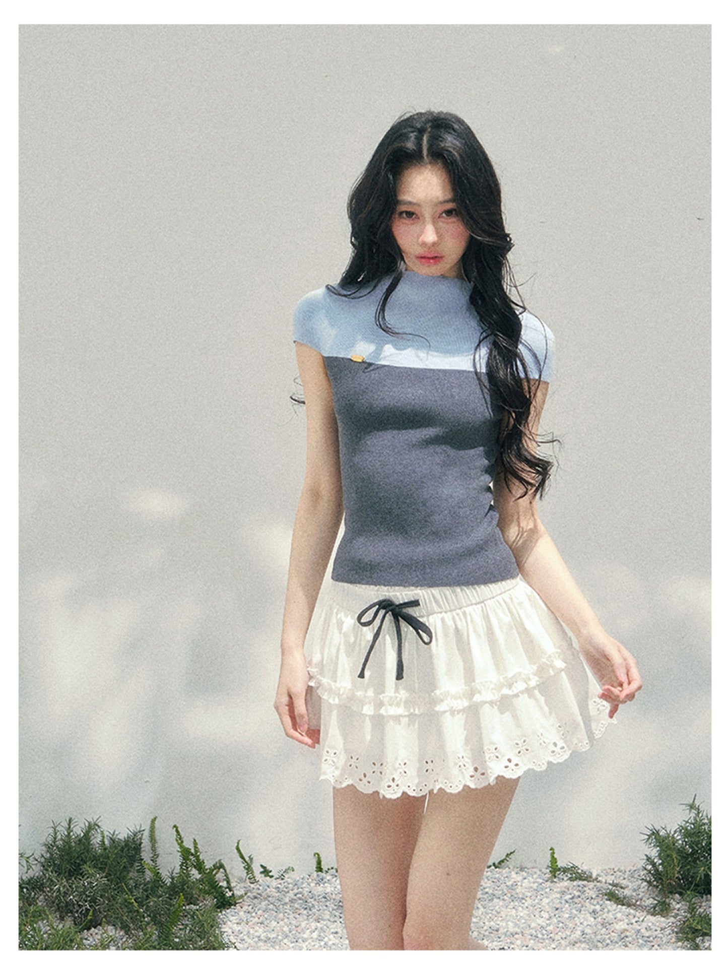 少也眼 “Embers of the Mind” Deep Rock Gray Faux Two-Piece Knit Top 137