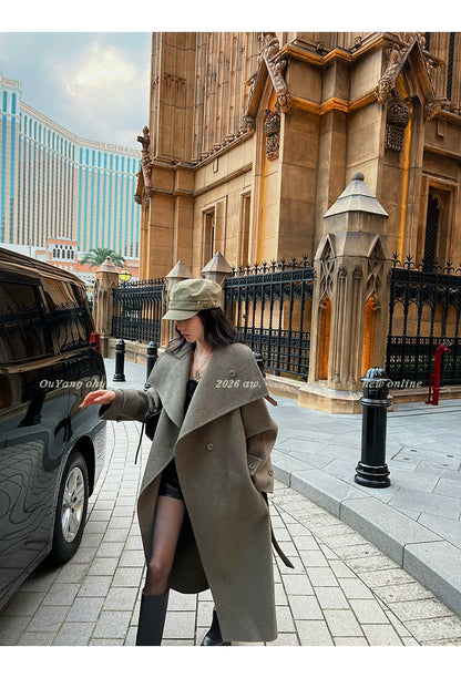 QuQuOuYang - 100% Wool Double-Face Belted Coat with Convertible Collar
