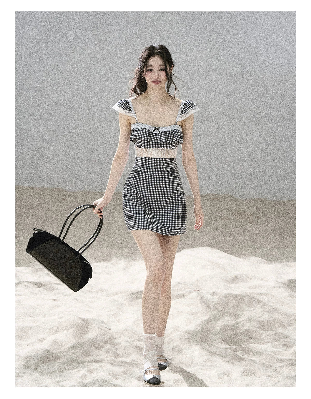 "Her in the Old Film" French Lace Plaid A-Line Mini Dress