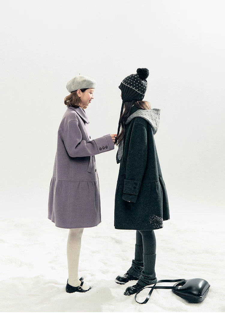 "Winter Chime" Double-Breasted Quilted Wool-Blend Coat (Smoky Purple/ Ash Gray)