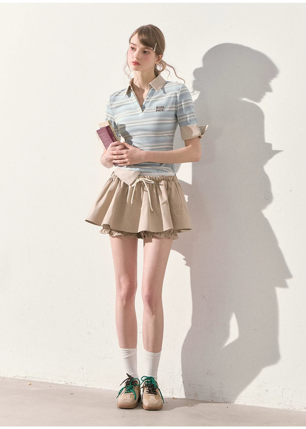"The Space Between" Beige Drawstring Bubble Mini Skirt