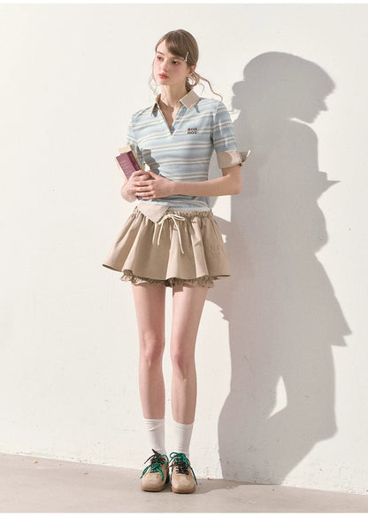 "The Space Between" Beige Drawstring Bubble Mini Skirt