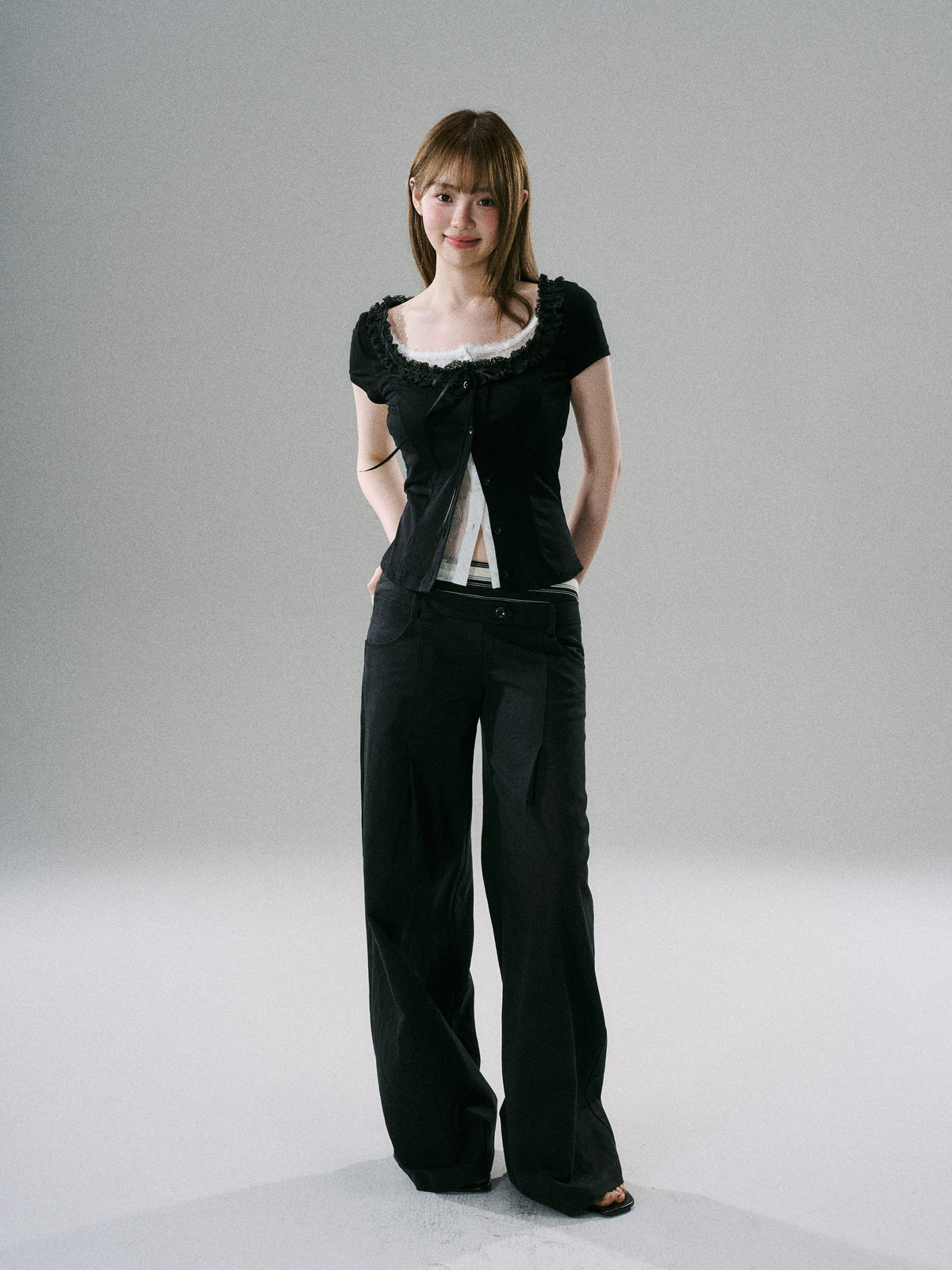 LOST FOREST - Khaki & Black Striped Wide-Leg Floor-Length Pants