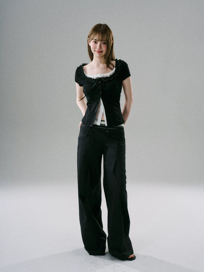 LOST FOREST - Khaki & Black Striped Wide-Leg Floor-Length Pants