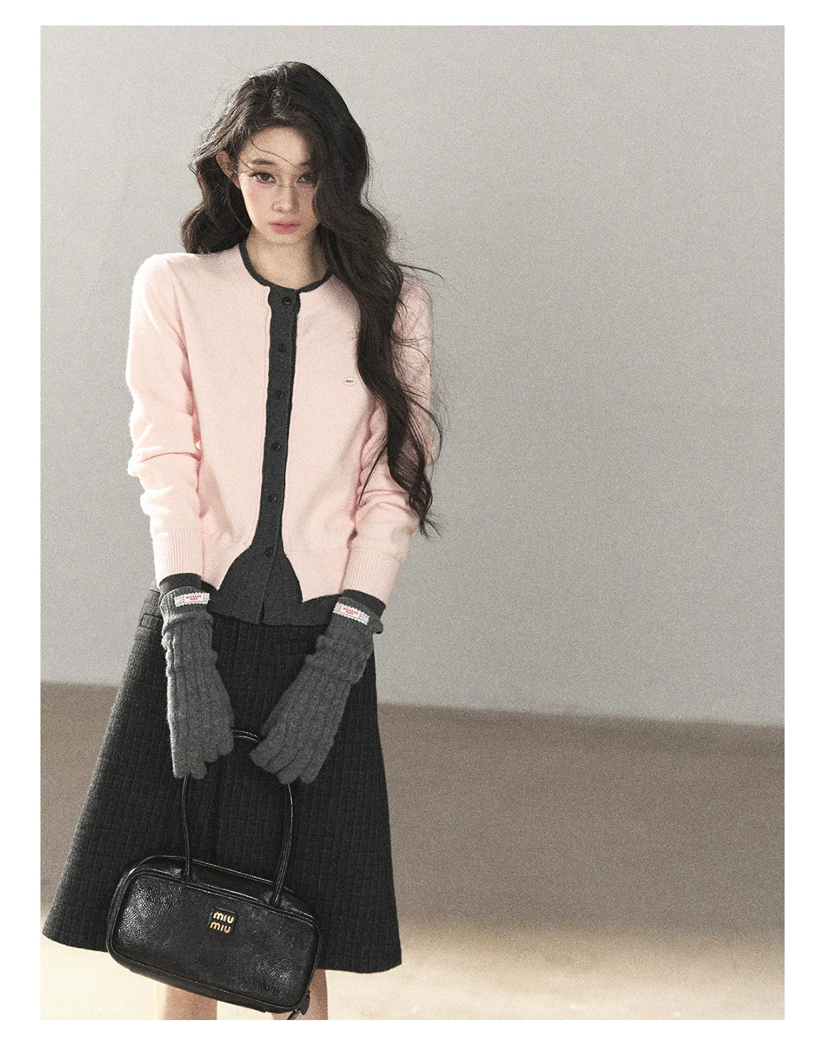 AOMALM - Cinnamon Pink Faux Layered Cropped Cardigan Sweater