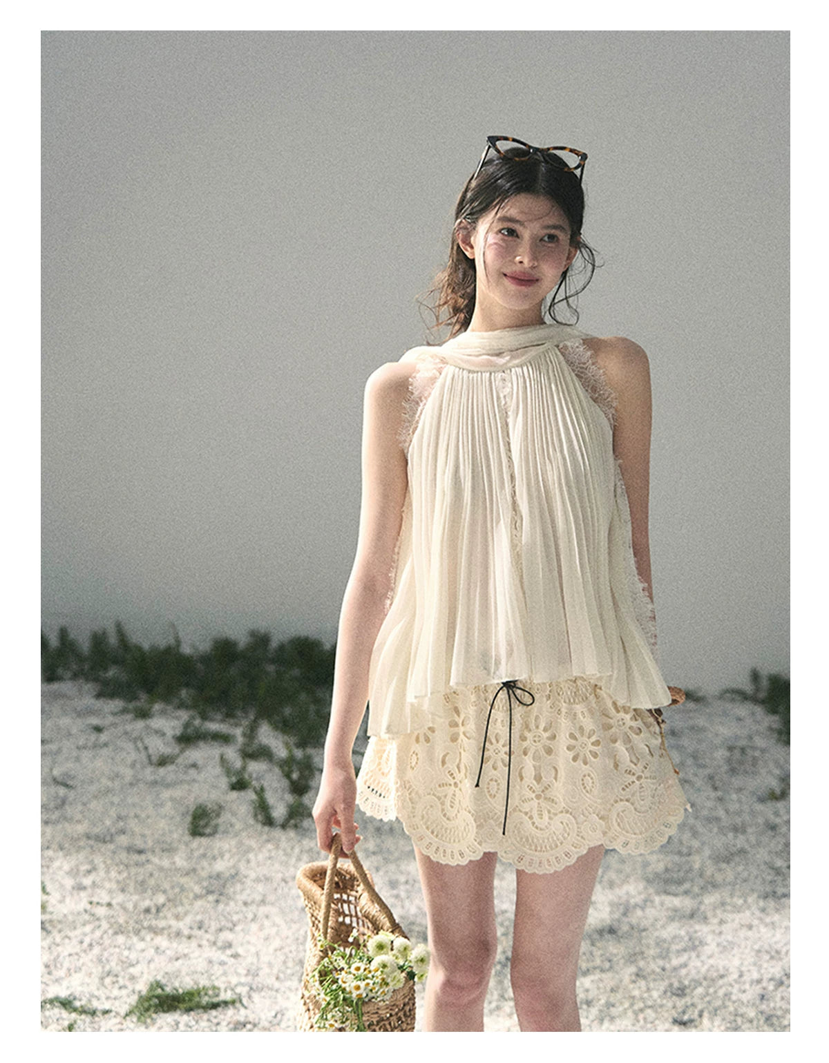 “Summer Light Through Pleats” Ivory Lace Pleated Halter Blouse