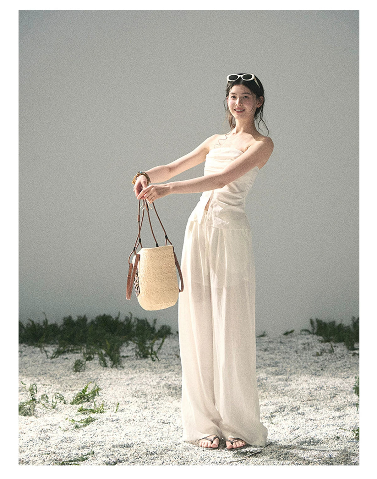 “Breath Across the Shoulders” Natural Beige Layered Bustier Top & Wide-Leg Trousers