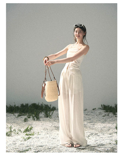 “Breath Across the Shoulders” Natural Beige Layered Bustier Top & Wide-Leg Trousers