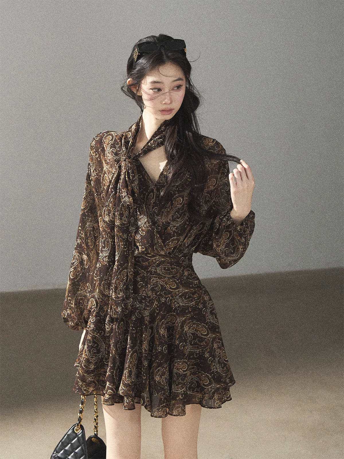 "Wait for a Tree of Blossoms" Cocoa Brown French Long-Sleeve Chiffon Dress (+ Camisole)