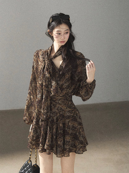 "Wait for a Tree of Blossoms" Cocoa Brown French Long-Sleeve Chiffon Dress (+ Camisole)