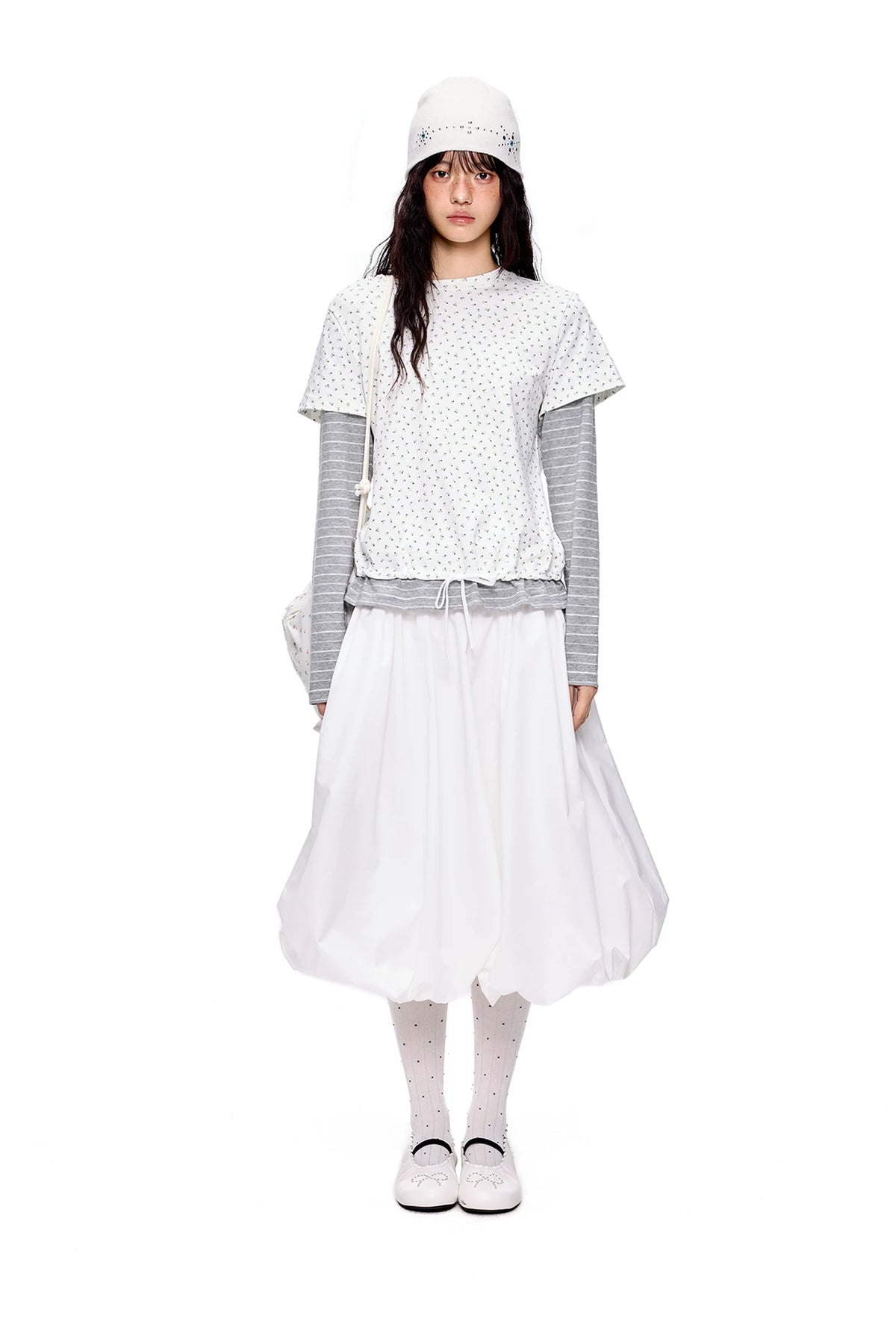 EZEK | Cloud Flower Bubble Skirt A-Line Midi (Black / White / Tan / Gray)