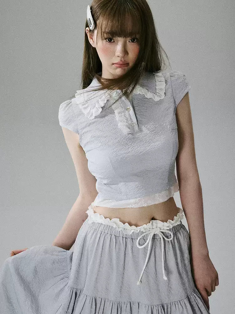 LOST FOREST - Gray Blue Fitted Top & Low-Waist Skirt Set