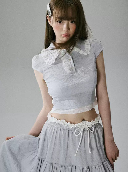 LOST FOREST - Gray Blue Fitted Top & Low-Waist Skirt Set