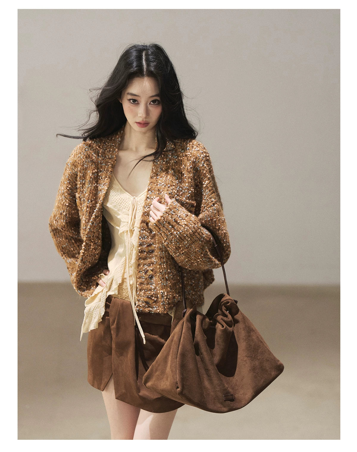 AOMALM - "The Gap of Light" Cheese Yellow Korean Ruffle Lace-Trim Knit Cardigan
