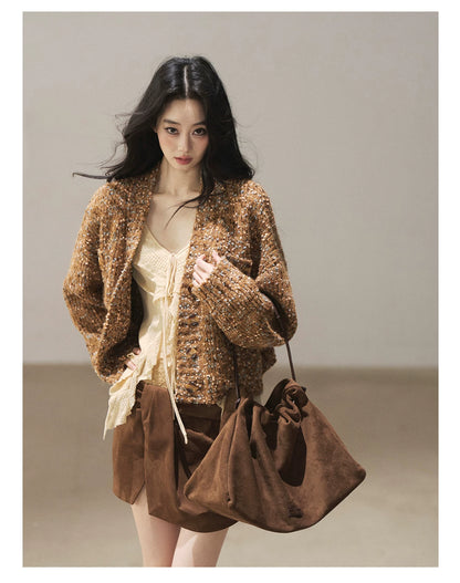 AOMALM - "The Gap of Light" Cheese Yellow Korean Ruffle Lace-Trim Knit Cardigan