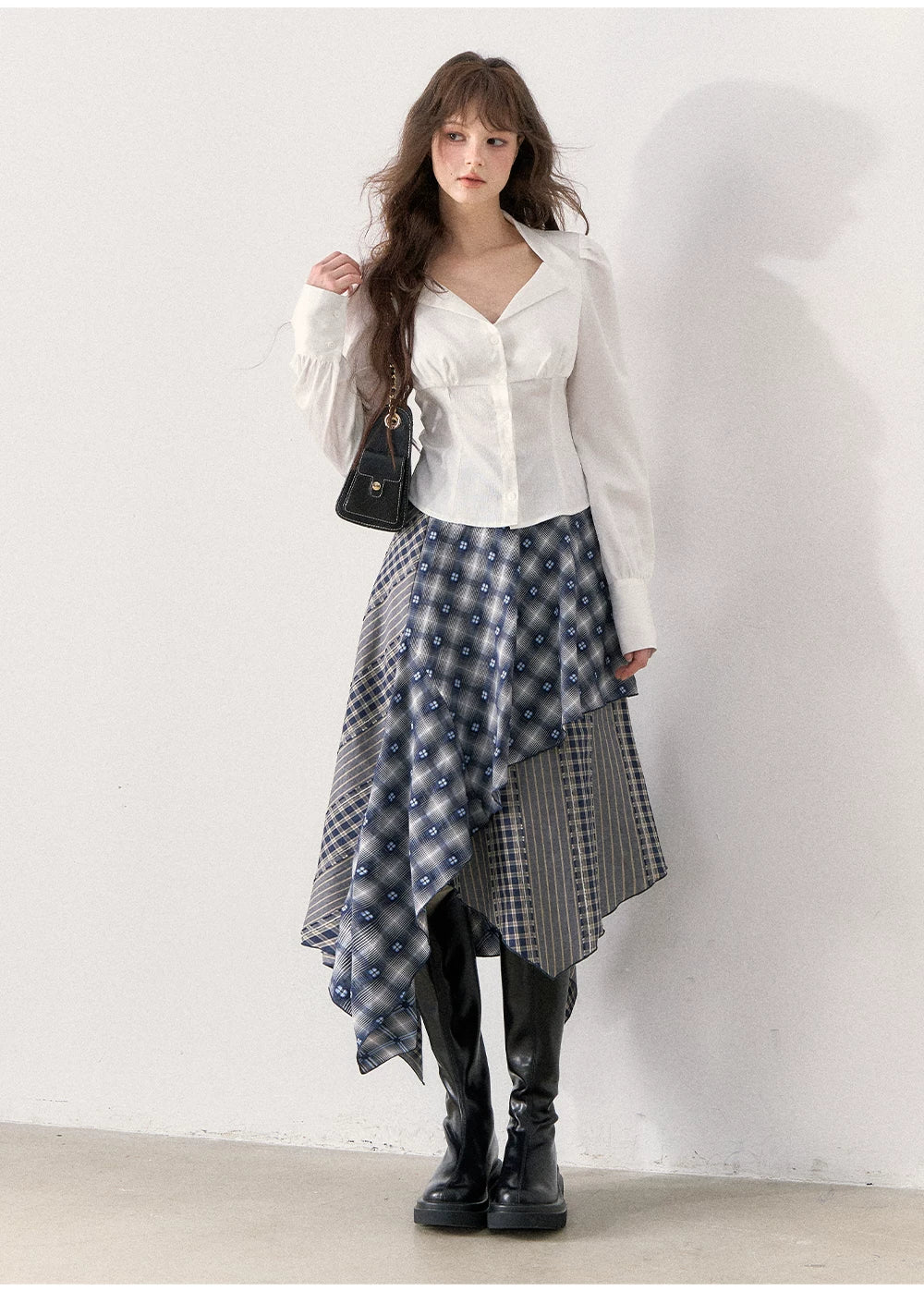 [TMMG] Retro Sweetheart Collar Shirt & Denim Corset Waist Belt Asymmetric Plaid Skirt Set