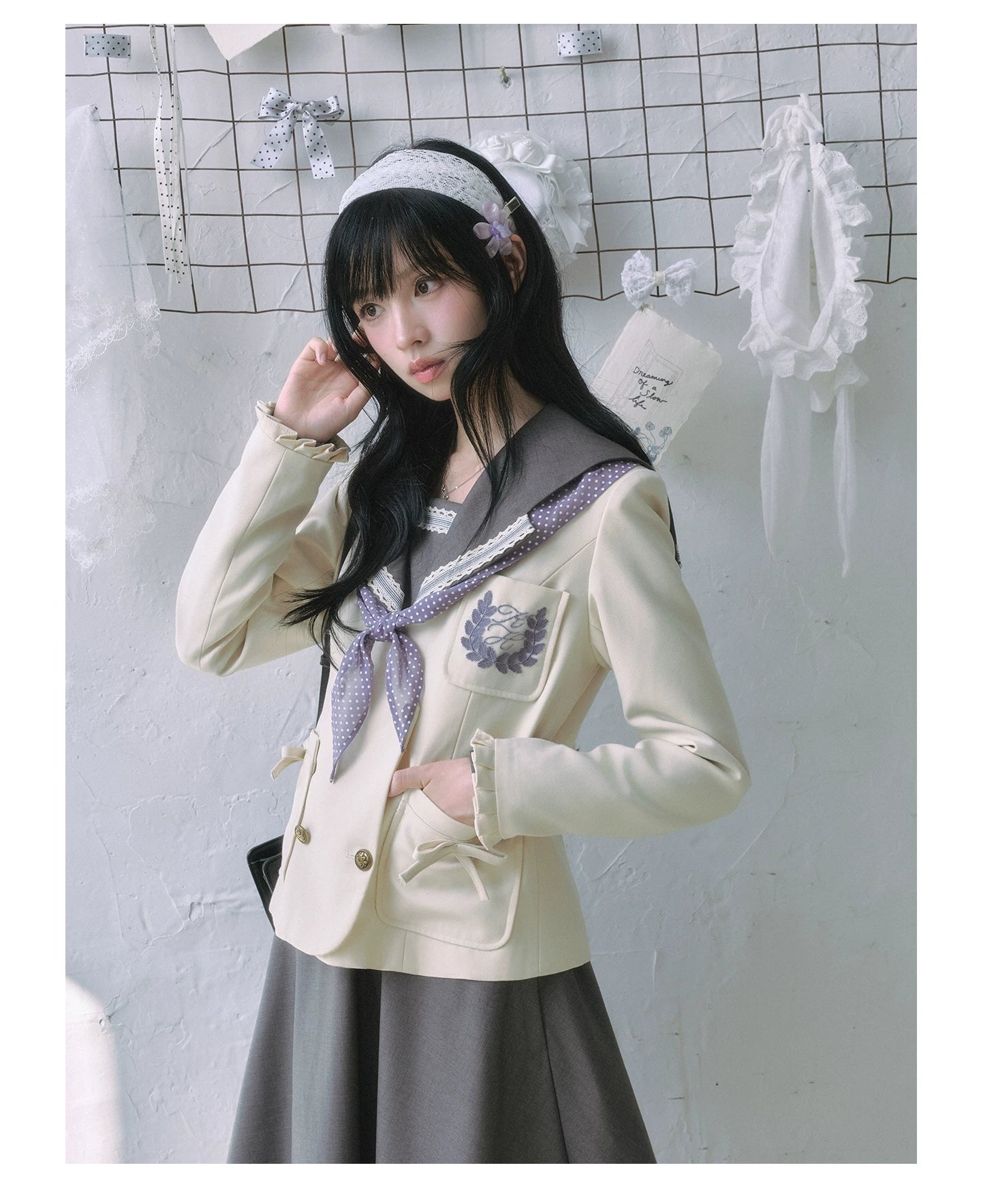 "Showa Era" Layered Uniform Collection (Collarless Blazer / Sailor Blouse / Uniform Skirt / Polka Dot Scarf)
