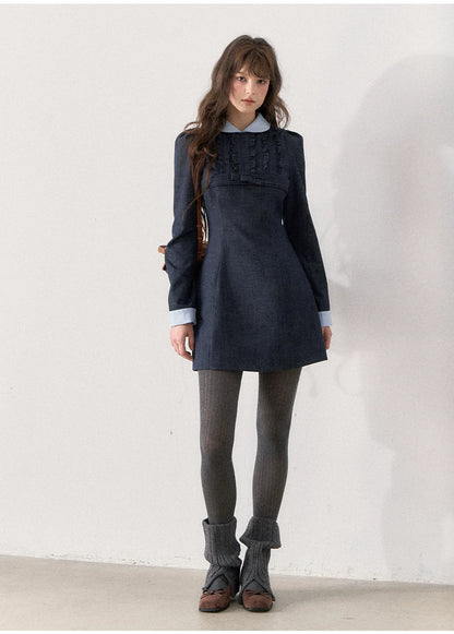 [TMMG] French Vintage Deep Navy Faux Two-Piece Ruffle Dress