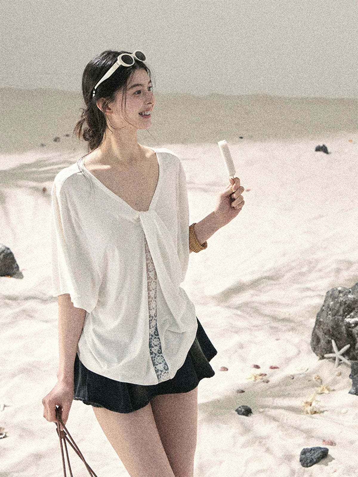 "Undisturbed Mist" Cloud White Lace Cutout V-Neck T-Shirt 45638453