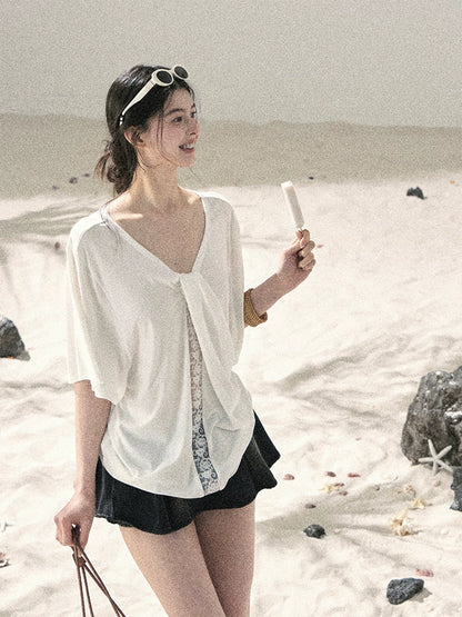 "Undisturbed Mist" Cloud White Lace Cutout V-Neck T-Shirt 45638453