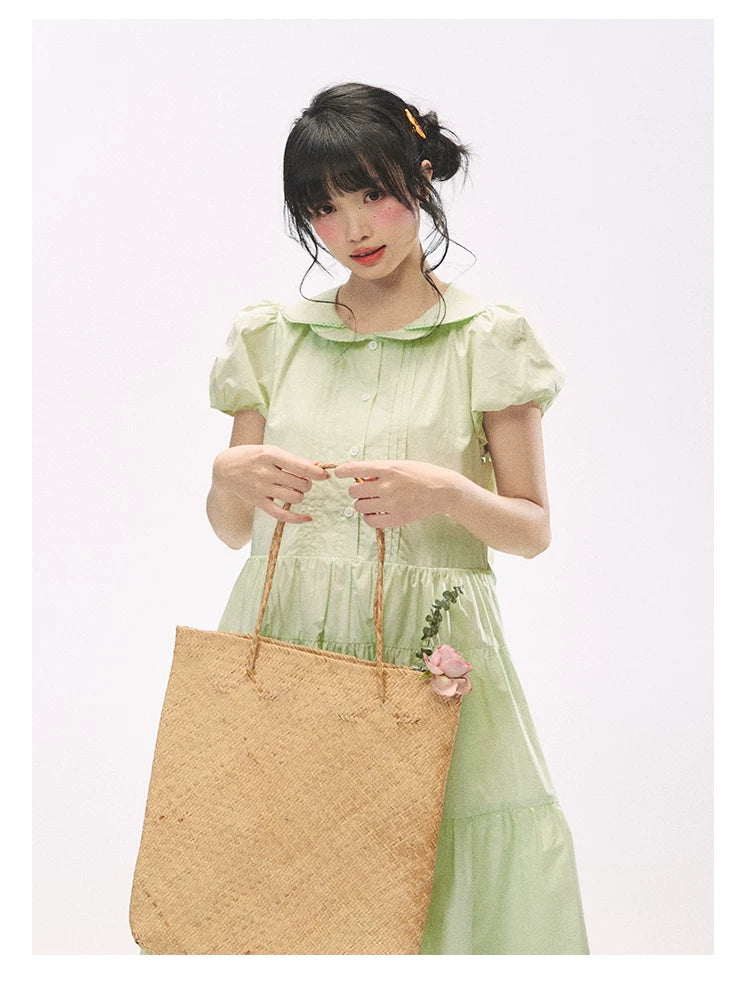 "Mint Forest" Mint Green Double Collar Tiered A-Line Midi Dress