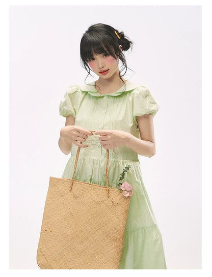 "Mint Forest" Mint Green Double Collar Tiered A-Line Midi Dress