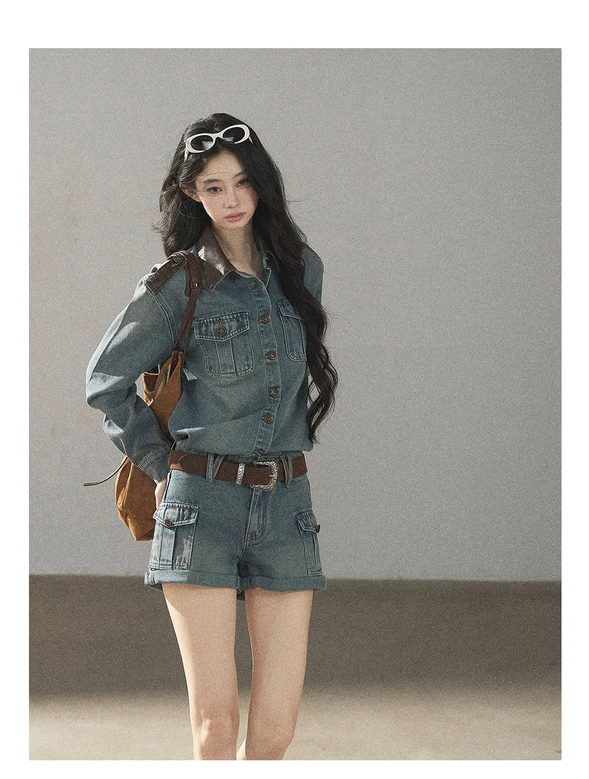 AOMALM - "Borrowed Sunshine" Vintage Blue Denim Commuter Set (Top + Shorts with Belt)