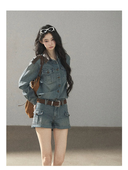 AOMALM - "Borrowed Sunshine" Vintage Blue Denim Commuter Set (Top + Shorts with Belt)