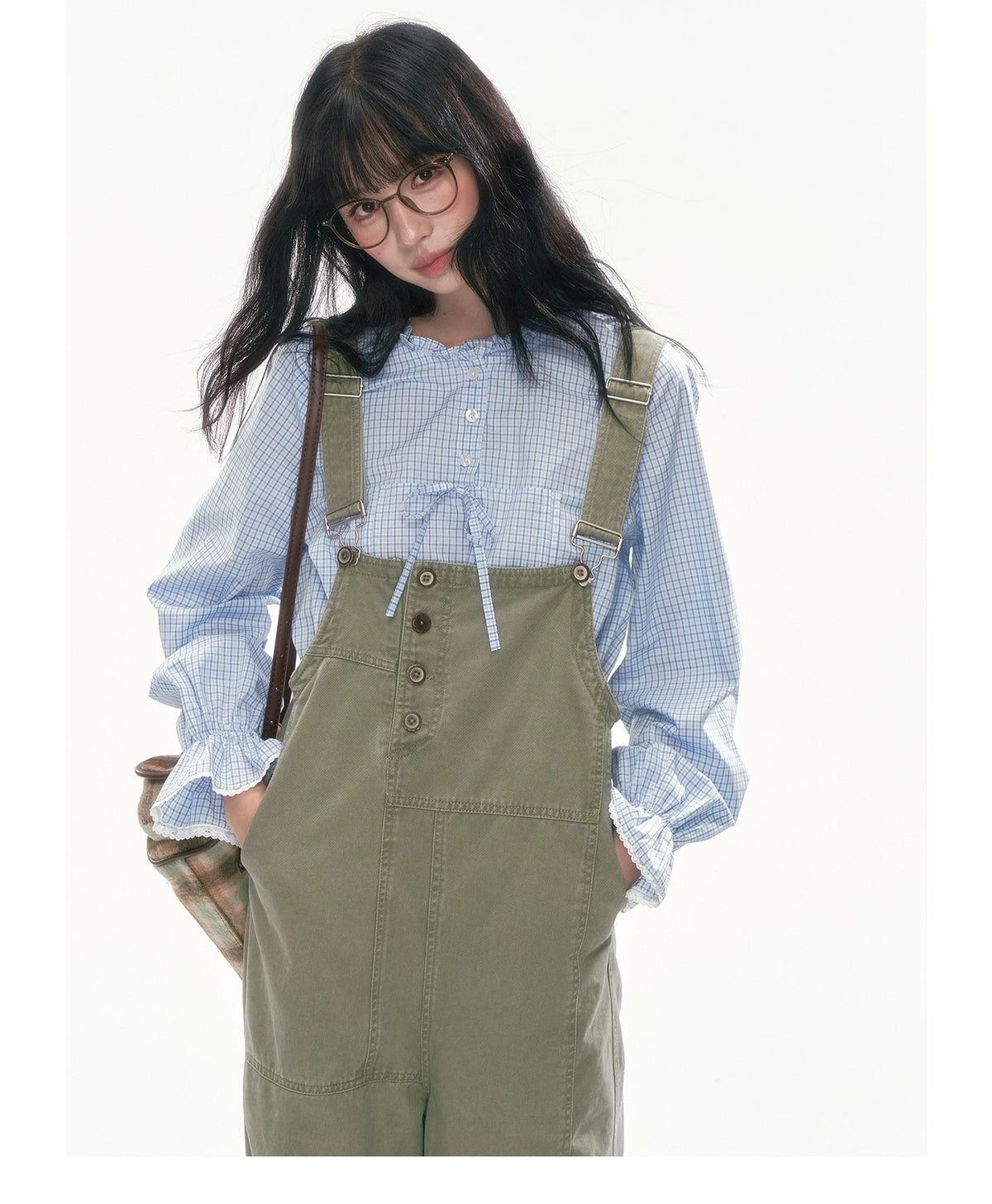 [CAN] Blue Plaid Lace-Trim Bow Tie Blouse