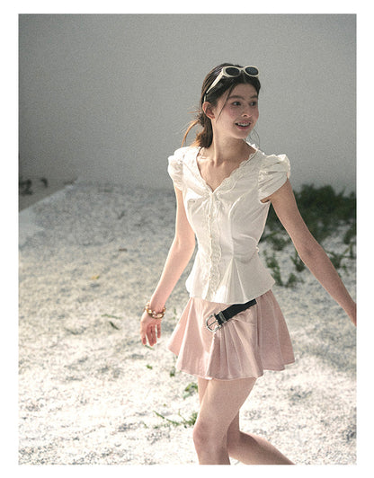“Untouched Ivory” Pure White Lace Puff Sleeve Blouse