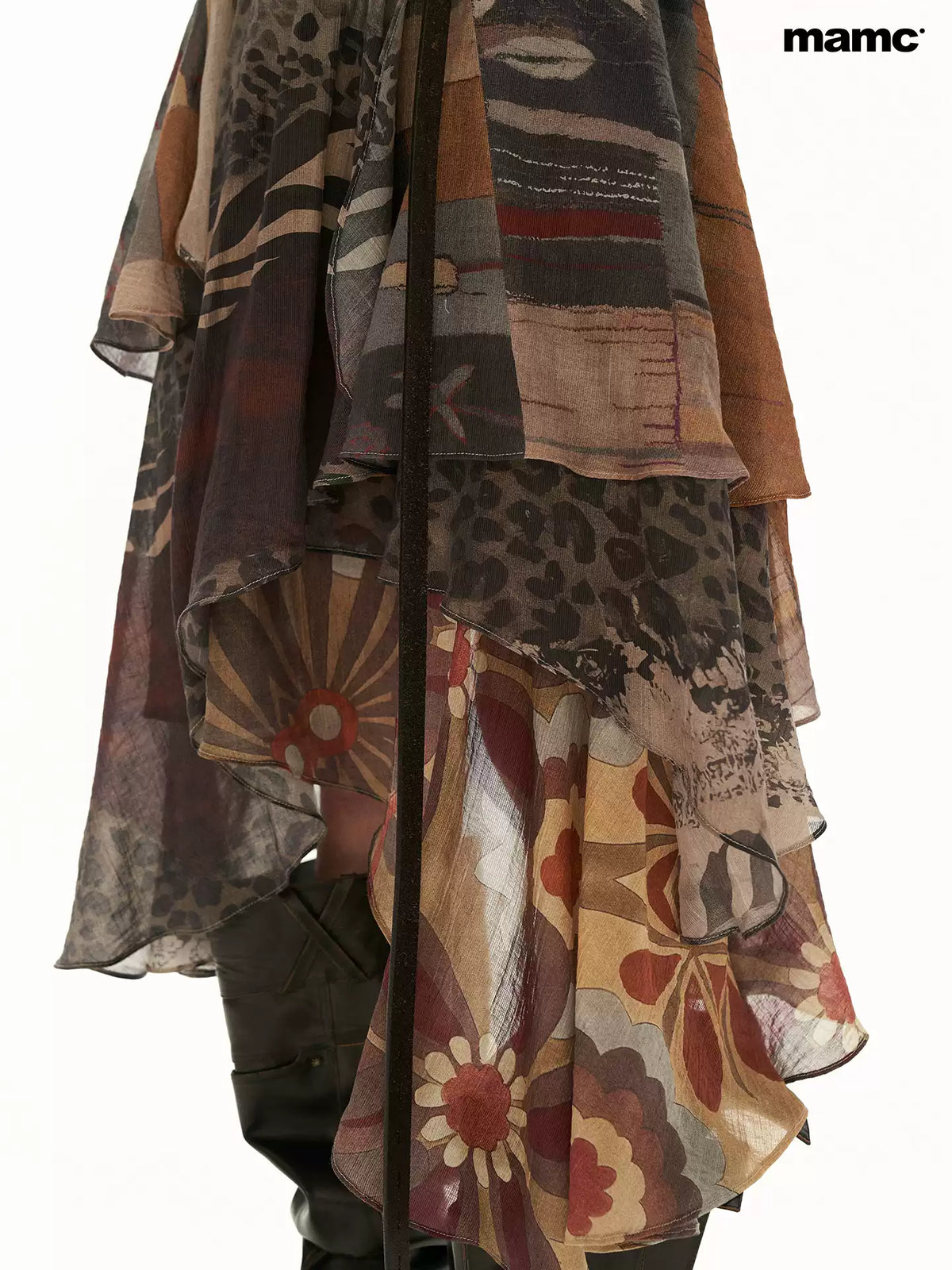 MAMC - Brown Y2K Layered Floral Ruffle Midi Skirt