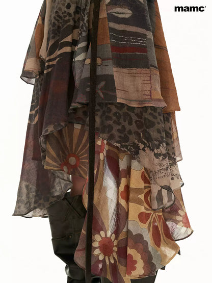MAMC - Brown Y2K Layered Floral Ruffle Midi Skirt