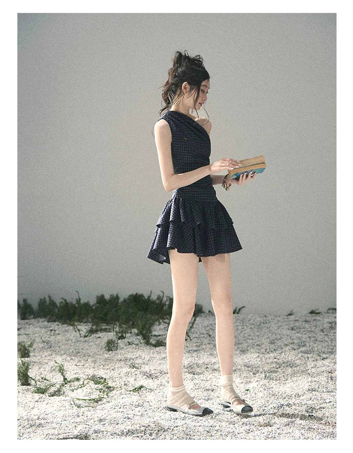 "Moonlit Bellflower Reverie" Navy Plaid One-Shoulder Mini Dress 567474