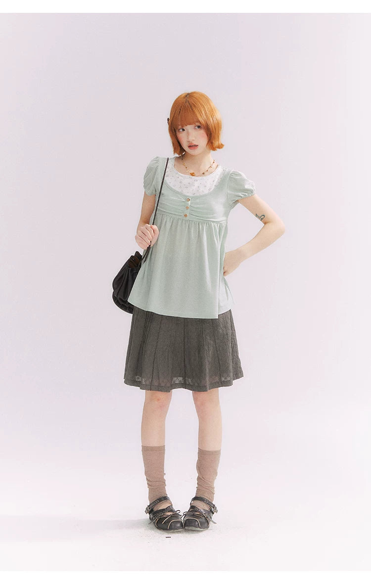 “Vintage Layered Charm” Mint Green Floral Layered Puff Sleeve T-Shirt