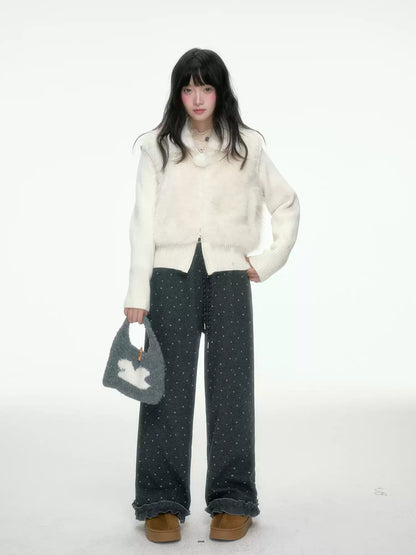 BIBIBENCY - Ivory Faux Fur Vest with Knit Sleeves