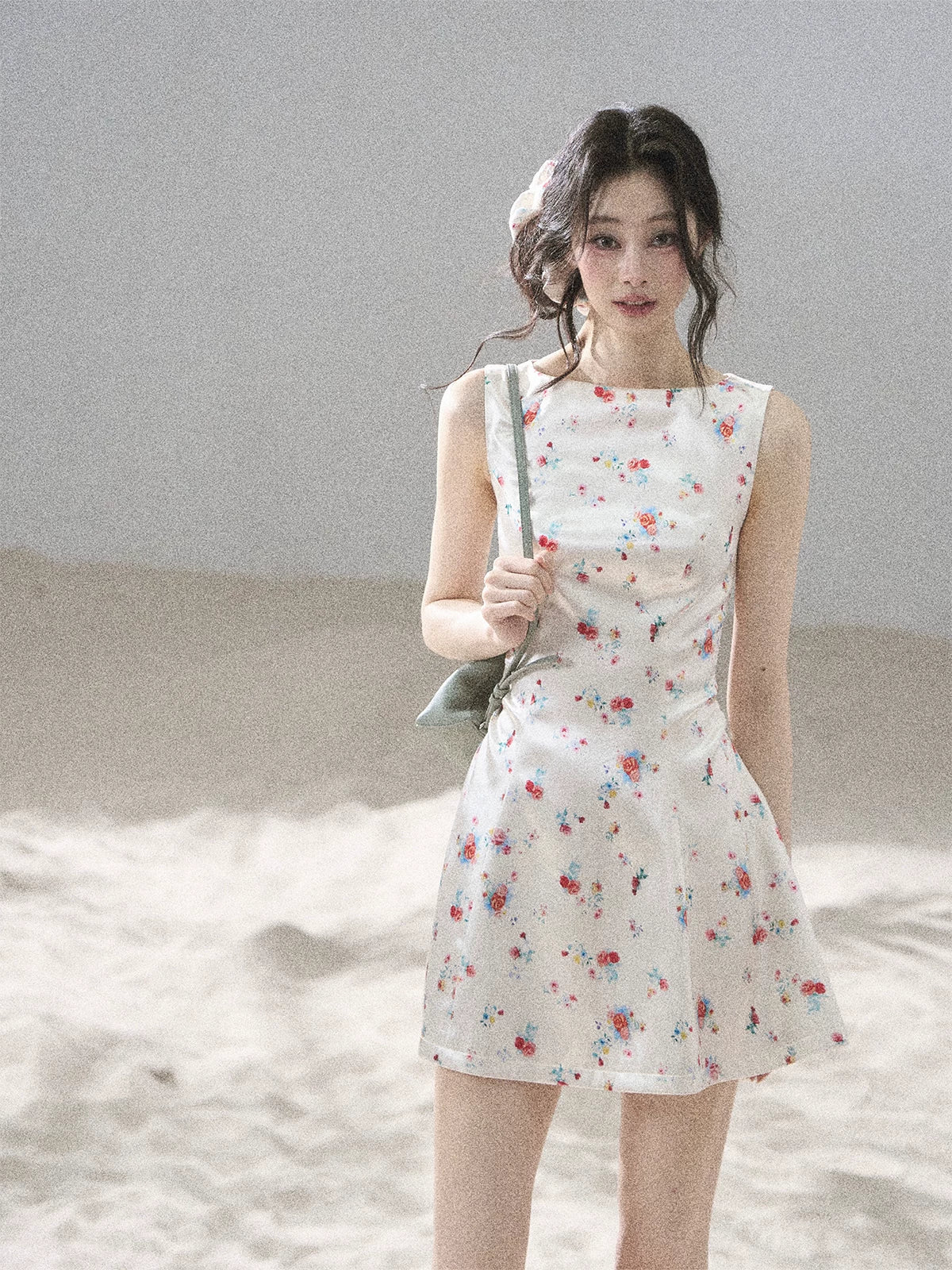 "Where Every Bloom Begins" Dutch Cream Floral Satin Puff Mini Dress (With Matching Scrunchie)