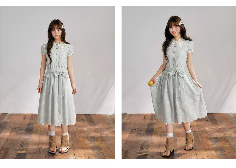 “Sage Meadow Reverie” Sage Green Embroidered Shirt Dress